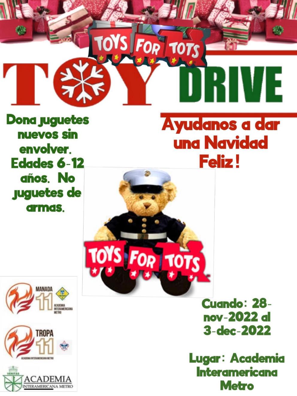 Colecta de Juguetes Nuevos para Toys for Tots (28 noviembre al 3 de diciembre)
