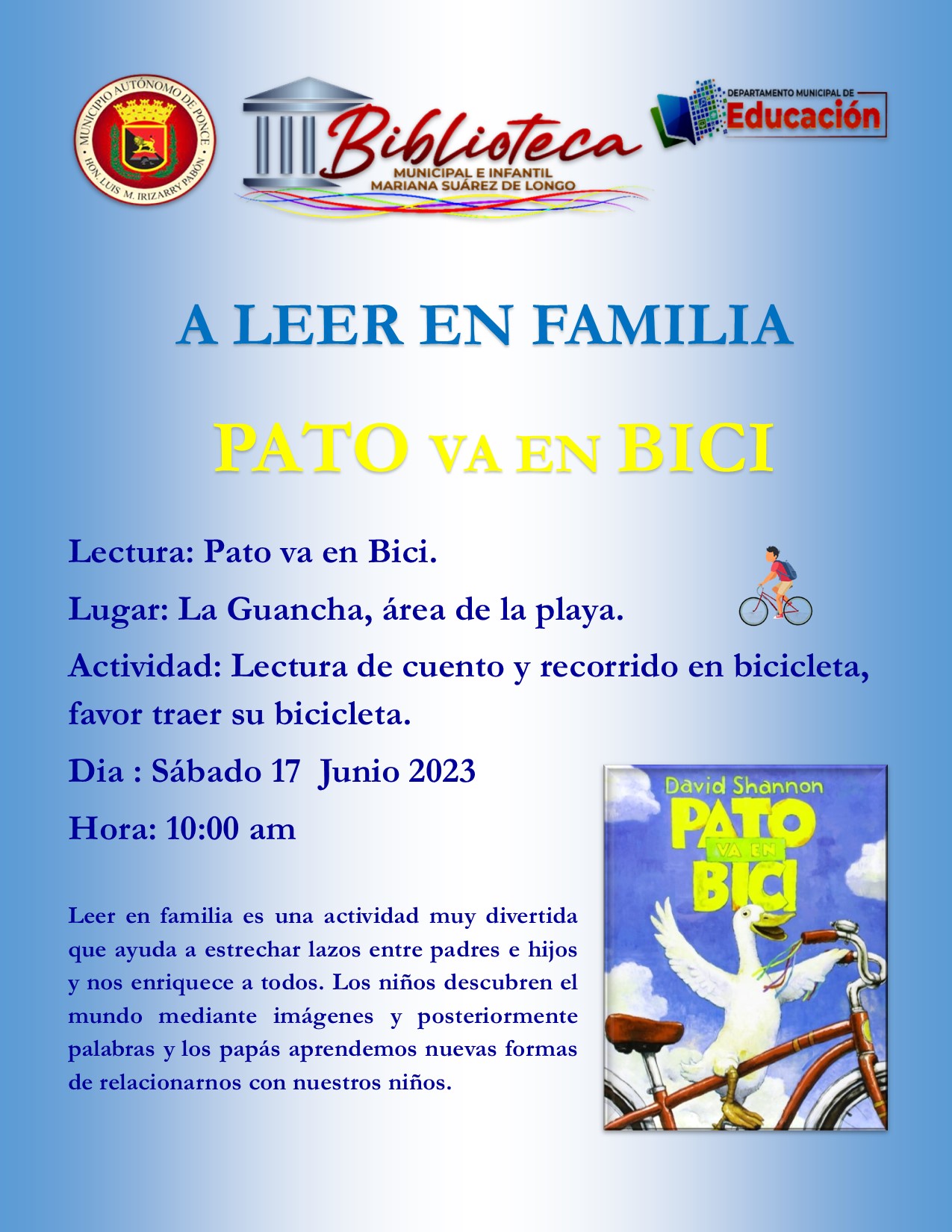 A leer en familia - Cuento: "Pato va en Bici" - Biblioteca Municipal e Infantil Mariana Suárez de Longo