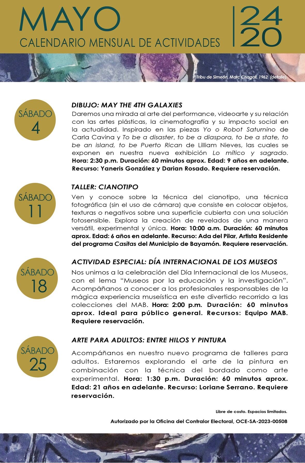 Calendario de Actividades durante el mes de Mayo - Museo de Arte de Bayamón